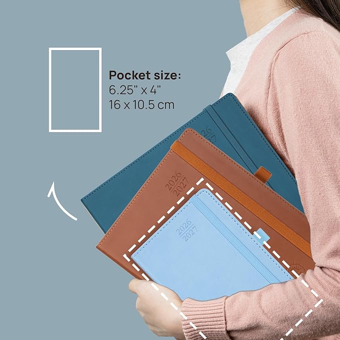 POPRUN Pocket Monthly Planner 2026-2027 (Pocket- 4''x 6.25'' Soft Leather Cover) - 18 Month Calendar Book for Purse (Jan.2026 - Jun. 2027), 100 GSM Thick Paper - Grey