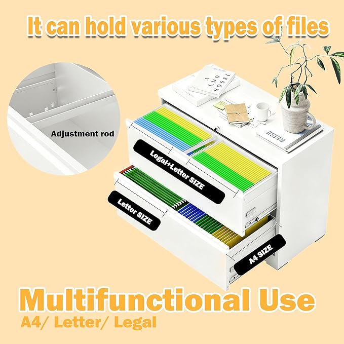 mysteeldepot 2 Drawer Lateral File Cabinet with Lock, Metal Lateral Filing Cabinets for Home Office, File Cabinet, File Storage Cabinet for Legal/Letter/A4 Documents, Assembly Required, White, 26'W
