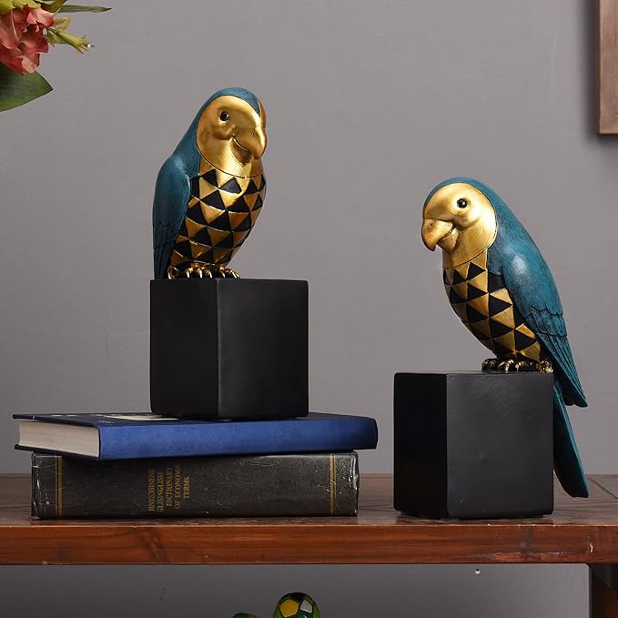 Kakizzy Book Ends Decorative, Parrot Bookends for Shelves, Animal Book Stopper Decorative, Retro Book Ends for Heavy Books, Bird Figurines Statues Indoor, Unique Book Lover Gift(Blue Parrot)
