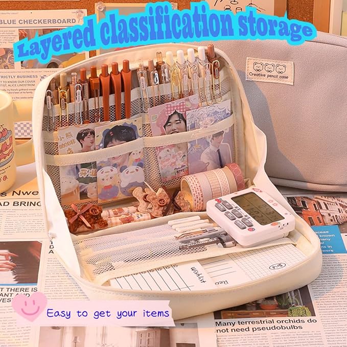 Fcteap Pencil Case Pouch Box Cute Kawaii Large Capacity Aesthetic Zipper Pen Holder Organizer Bag for Office Workspace Supplies Desk Accessories Travel (Light Grey)
