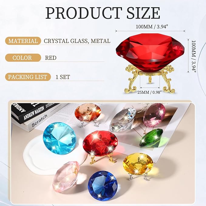 PATIKIL Diamond Crystal Paperweight, 100mm / 3.94" Crystal Paperweight Paper Weight with Gold 25 Metal Base for Home Office Desktop Table Decor Wedding Party Ornaments, Red