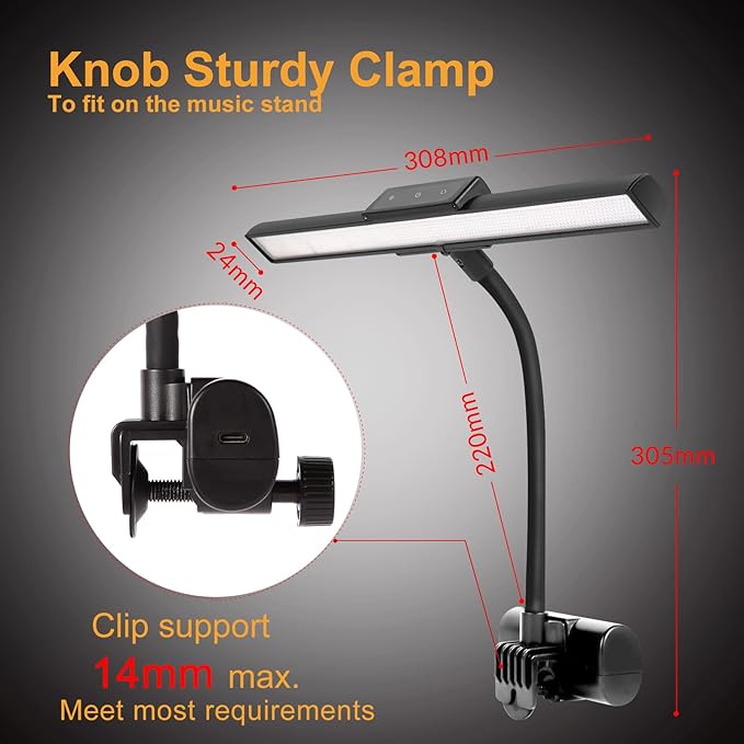AETEE Super Bright Music Stand Light, LED Clip On Light,Magnetic Base, Removable Rechargeable Battery Operated, Long-Lasting USB-C Eye-Care Clamp Lamp, Gooseneck Design for Sheet Music, Black