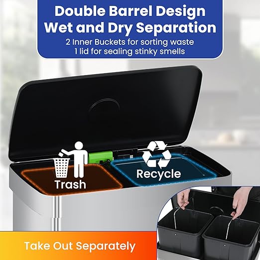 PayLessHere Dual Compartment Recycling Trash Can with Removable Buckets, 60L Stainless Steel Foot Pedal Trash Can with Soft-Close Lid for Home, Kitchen, Office, Bathroom.