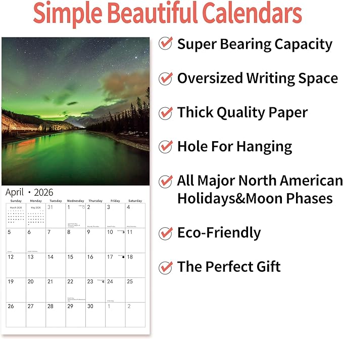 2026 Wall Calendar,Calendar 2026, November 2025 - December 2026, Wall Calendar Aurora, 12" x 24" Opened,Full Page Months Thick & Sturdy Paper for Gift Perfect Calendar Organizing & Planning