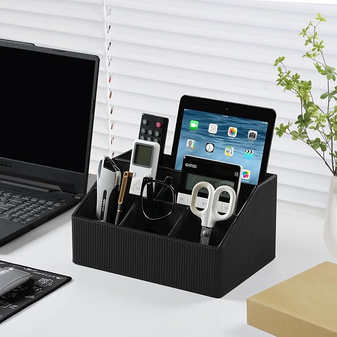 Cretkhp Remote Control Holder with 5 Compartments for Office Art Supplies, PU Leather Nightstand Organizer Pencil Pen Desk Caddy for Home, Desktop TV Remote Control Organizer Storage (Striped Black)