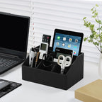 Cretkhp Remote Control Holder with 5 Compartments for Office Art Supplies, PU Leather Nightstand Organizer Pencil Pen Desk Caddy for Home, Desktop TV Remote Control Organizer Storage (Striped Black)