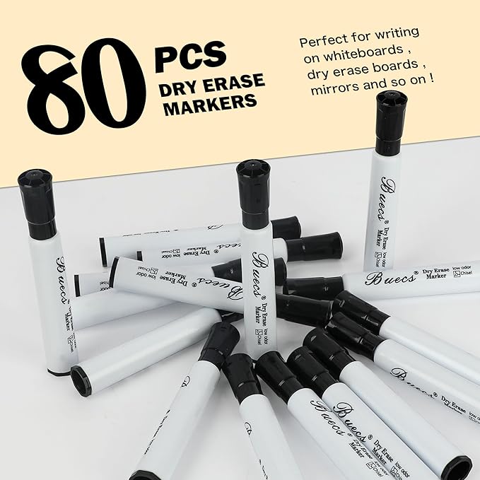 Buecs Black Dry Erase Markers, Low-Odor, 80 Count, Chisel tip, Perfect for Writing on Whiteboards, Dry-Erase Boards, Glass, School Office Supplies