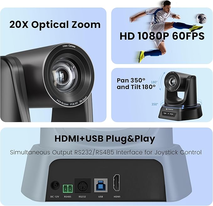 TONGVEO HDMI 20X Optical Zoom PTZ Conference Room Camera System, 1080P 60fps USB3.0 Computer Camera with Microphone & Bluetooth Speakerphone, Easy Setup for Church & Meetings