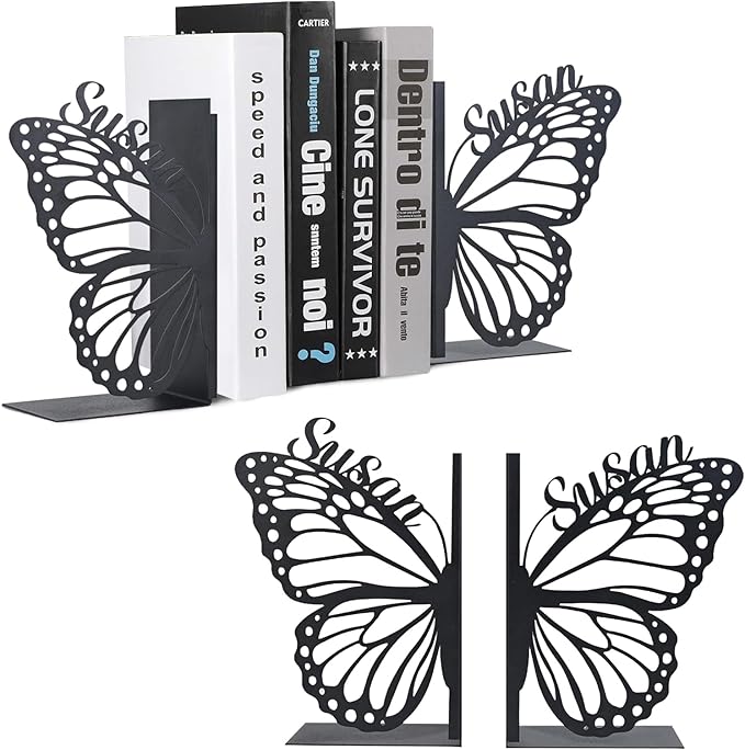 Personalized Butterfly Decorative Book Ends, Heavy Duty Bookends for Shelves, Non-Slip Book Stopper, Metal Modern Bookshelf Decor for Home Office Study Room, Gifts for Readers Color01