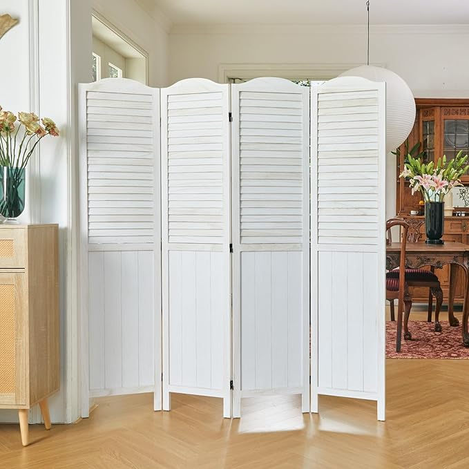 Room Dividers, 5.75Ft Individual Privacy Screens Foldable Wooden Louver & MDF Stable Wall Divider for Home Office Bedroom, 4 Panels (White-Washed)