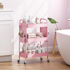 KINGRACK 3 Tier Rolling Cart with DIY Hanging Board, Metal Rolling Utility Cart with Wheels Handles Baskets Hooks, Rolling Storage Cart Suitable for Bathroom, Kitchen, Office, Nursery Diaper (Pink)