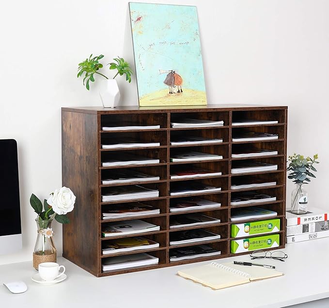 EasyPAG Wooden Literature Organizer with Adjustable Shelves, 27 Compartments Office Paper Organizer Storage 13500 Sheets Letter Size Paper, Student Mailbox for Classroom, Archaize