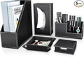 KINGFOM 5 PCS/SET Pu Leather Desk Organizer File Holder Accessories, Magazine Storage Rack+Desktop Pen&Pencil Holder+Tissue Box Cover+Leather Jewelry Accessories Tray
