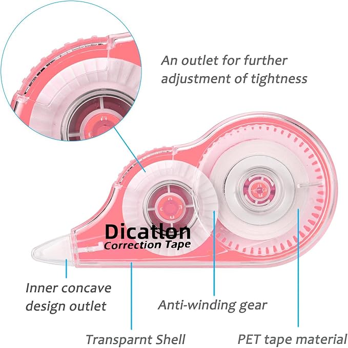 Dicatlon White Correction Tape 12 Pack, Easy Use Roller Applicator, Instant Dry, Jam Free PET Film, Smooth Precise Corrections for School, Office, Home