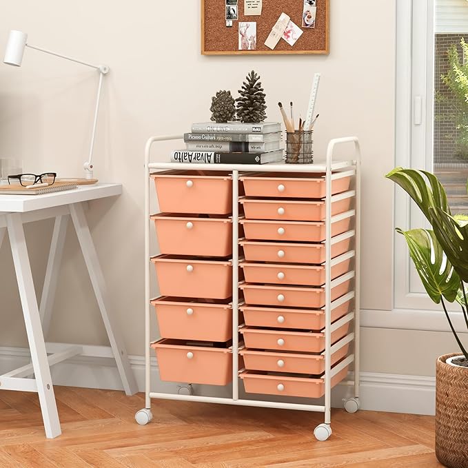 GLACER 15 Drawers Rolling Cart, Storage Cart with w/Removable Drawers & Steel Frame, Multipurpose Organizer Cart w/Sleek Handle, Utility Cart on Lockable Wheels for Home, School, Office (Peach)
