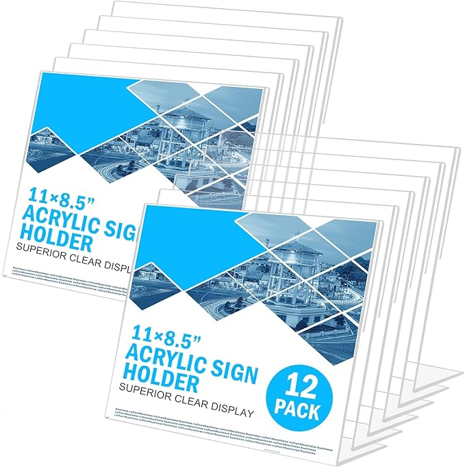 COYMOS 12 Pack Acrylic Sign Holder 8.5 x 11 Horizontal Slant Back Acrylic Stands for Display Plexiglass Clear Acrylic Display Stands for Ad Frame, Picture Photo Frames, Promotions, Restaurants, Office