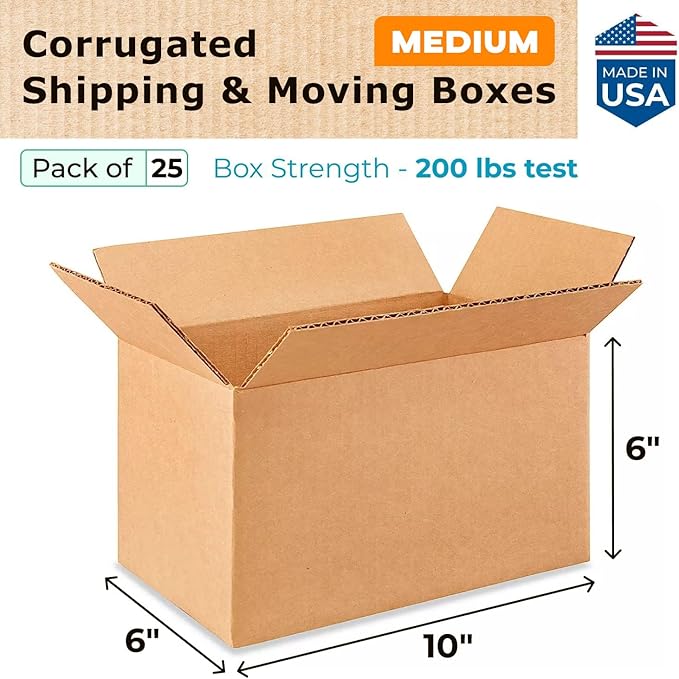 Medium Moving & Shipping Boxes 10"L x 6"W x 6"H (25-Pack) - Extra Strength 200 lb vs Regular - Corrugated Packing Boxes for USPS/UPS/FEDEX - Durable Cardboard Box - Shipping Box by IDL Packaging