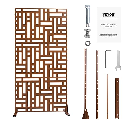 VEVOR Metal Privacy Screen, 47" W x 76" H, Outdoor Privacy Screens 3-Panel, Freestanding Outdoor Divider with Stand, Decorative Garden Steel Privacy Fence for Balcony Patio Indoor Room Hot Tub Brown