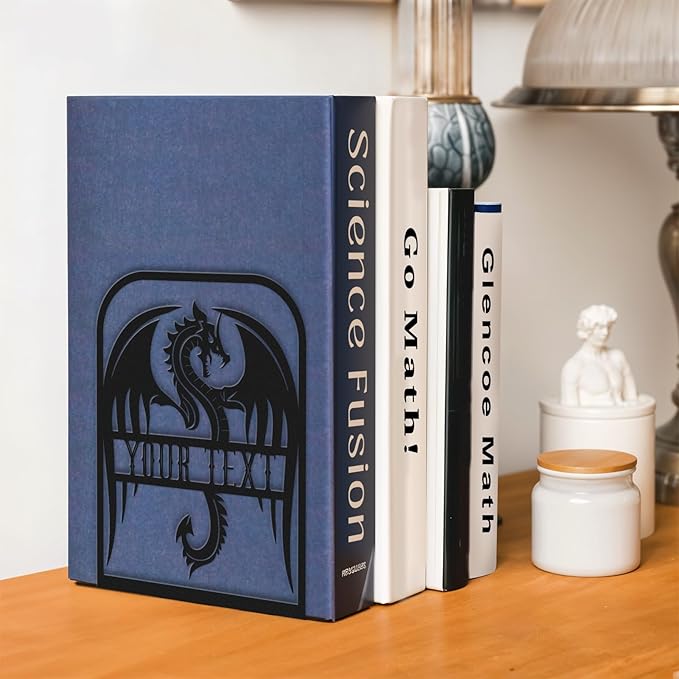 Personalized Name Bookends for Shelves, Unique Dragon Metal Book Ends Decorative, Non-Slip Book Stopper, Metal Fantasy Bookshelf Decor for Home Office Study Room, Customized Gifts Color05