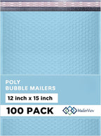 Light Blue Large Poly Bubble Mailers 12x15 inch | Self Seal Padded Envelopes Cushioned Bubble Mailer | Usable Size 12x15 | WaterProof | Lightweight mailing Shipping Bags | 100 Pack Bulk
