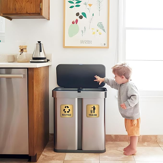 2PCS Recycle Stickers for Trash Bins, Self-Adhesive Waterproof Brushed Gold Trash and Recycling Stickers for Trash Can, Kitchen, Office, Garbage Bin Indoor, Outdoor UseS