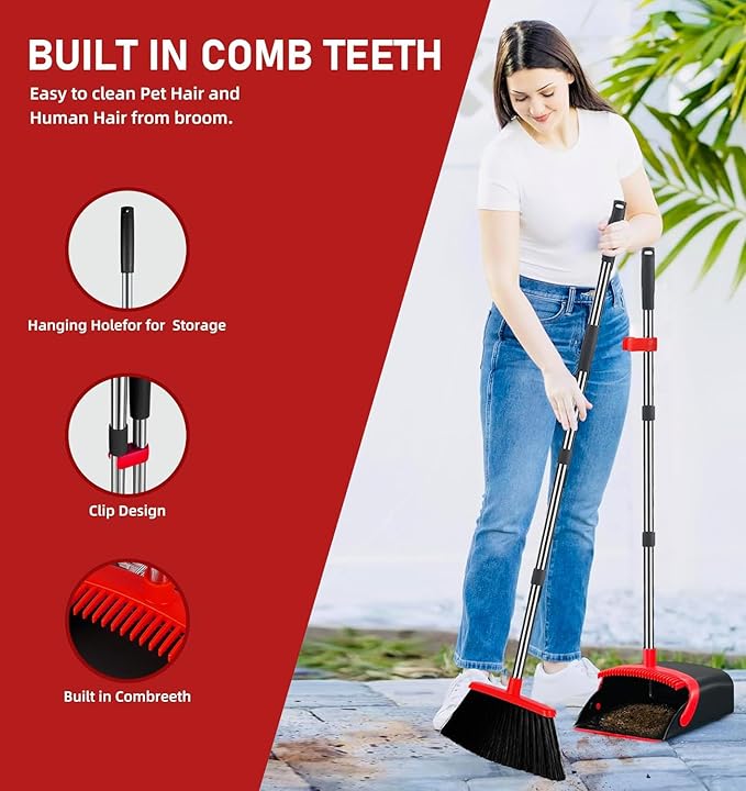 Brooms with Dustpan Combo Set， with 52" Long Handle, Dustpan Teeth with self-Cleaning Function, Indoor and Outdoor Sweeping, Perfect for Home Office (Large/Red /2-Pack)