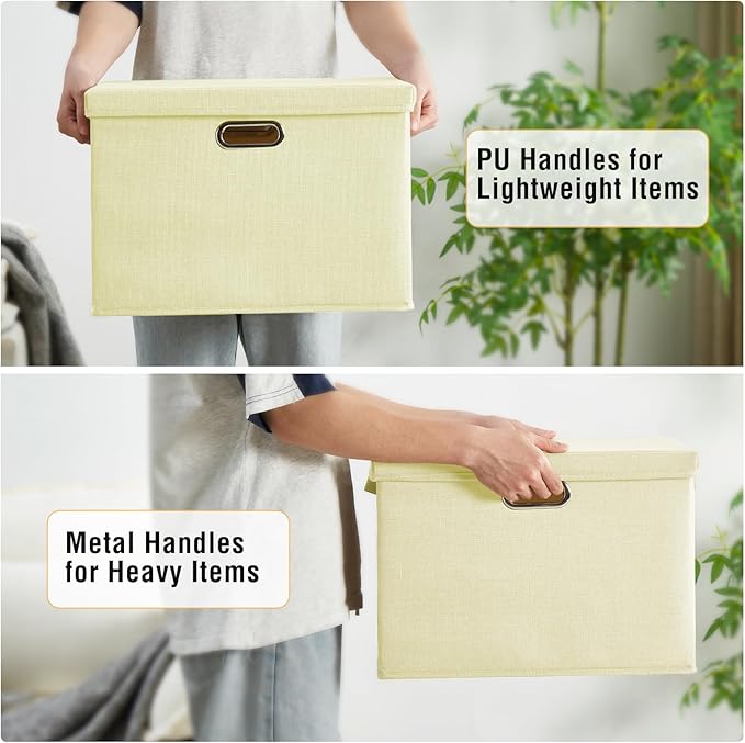 Roobyl 17" Large Collapsible Storage Bins with Lids, Stackable Closet Organizers with PU Handle and Labels, 3-Pack Decorative Fabric Storage Boxes for Home, Bedroom, Closet, Office, Nursery(Beige)