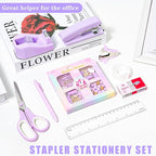 COMFYROOM Desk Accessories with Pen Holder, Office Supplies Desk Organizers and Accessories, Tape Dispenser, Stapler, Staple Remover, Staples, Clips Set, Ruler, Scissor, Pen, Tape (Purple)
