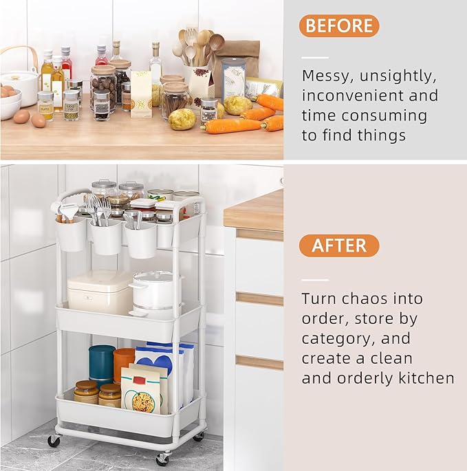 JIUYOTREE 3-Tier Plastic Rolling Storage Cart Utility Cart with Extra Hanging Cups Handles Lockable Wheels for Living Room Bathroom Kitchen Office White