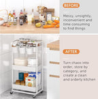 JIUYOTREE 3-Tier Plastic Rolling Storage Cart Utility Cart with Extra Hanging Cups Handles Lockable Wheels for Living Room Bathroom Kitchen Office White