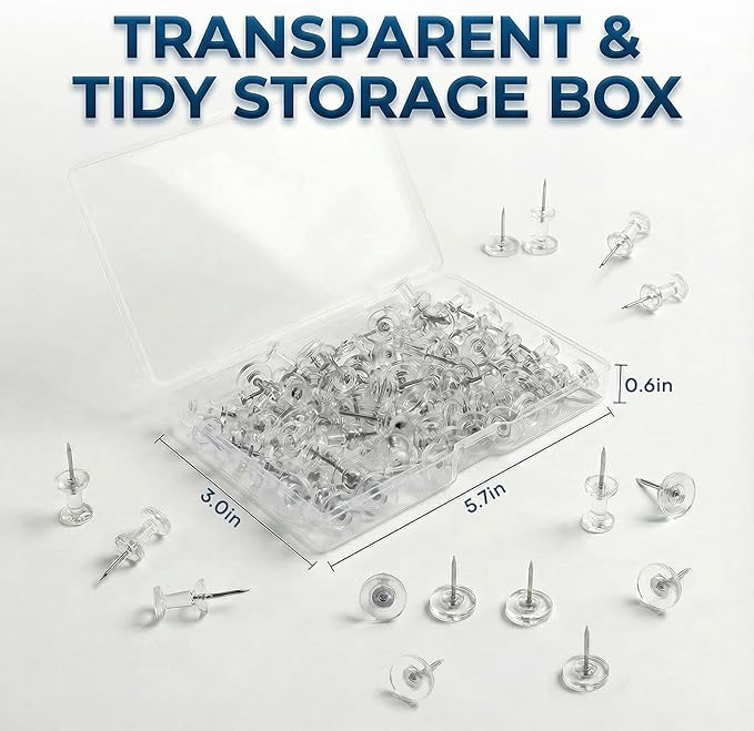 Push Pins 200Pcs Thumb Tacks: Clear Push Pin for Bulletin Board - Plastic Head & Steel Point - Reusable Cork Board Thumbtacks for Wall Map Posters Picture Hanging Home Office School