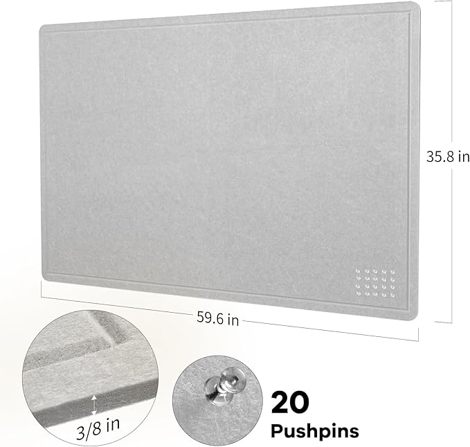 Large Bulletin Board - 60 x 36 Inches, Decorative Felt Pin Board for Wall - 5' x 3' Foldable Photo Display Board with Self-Adhesive Tape, Includes 20 Push Pins - Light Gray