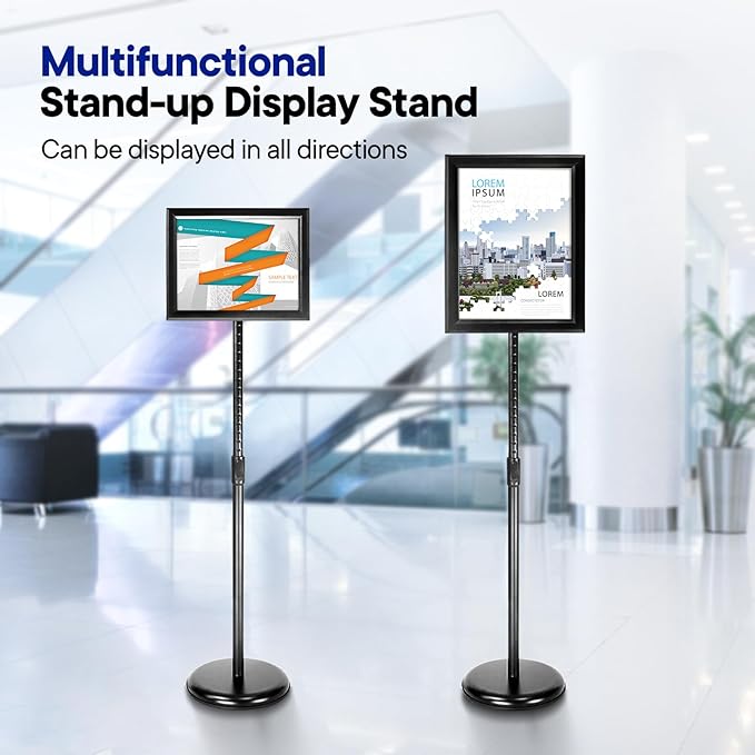 SENZHIYI Heavy Duty Poster Sign Stand Holder Adjustable Snap Open Aluminum Pedestal Floor Sign Holder Standing Vertical and Horizontal View Sign Displayed (Black, 8.5x11inches 2packs