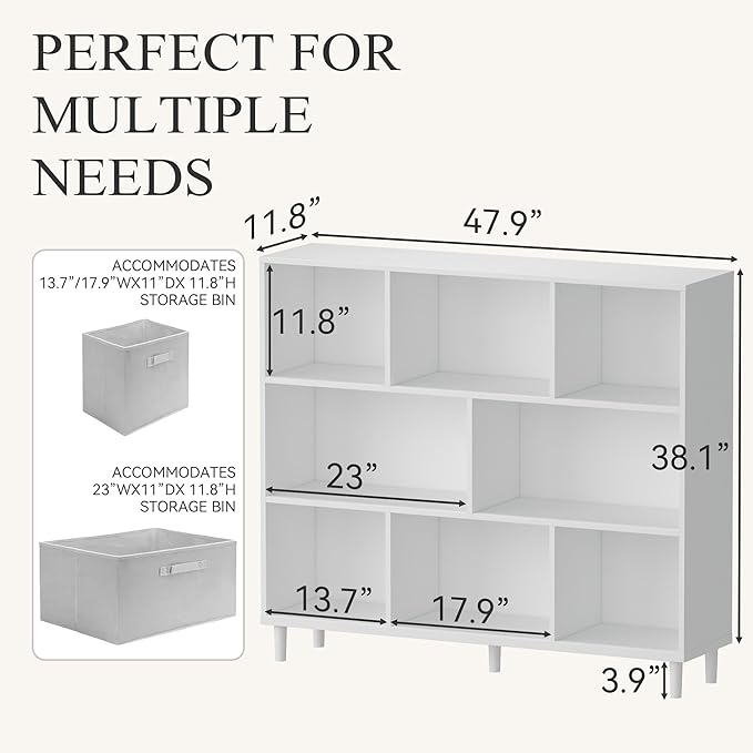 Chyanmoo Wood Cube Storage Organizer White Bookshelf - 3-Tier Freestanding Storage Cabinet with Legs for Home Office, 8-Cubes Open Shelf