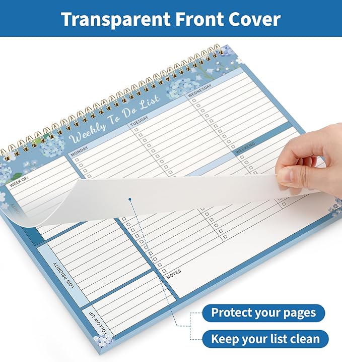 104 Pgs Weekly To Do List Notepad, 52 Duplex-Printed Undated Sheets 100 GSM（8.5"×11") Weekly Desk Planner For Work Home School Office Desk Accessories Supplies & Goal Setting Tasks -Blue Hydrangea