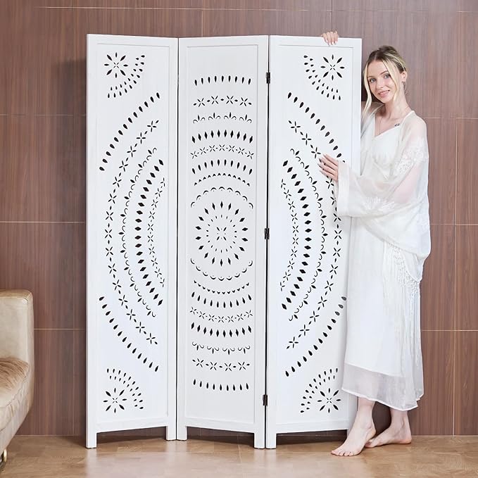 5.6 Ft Folding Room Divider, Portable Privacy Screen & Partition, No Assembly Required for Use as Cat Litter Box Cover, Clutter Hider, Room Separator, 3 Panels (White)