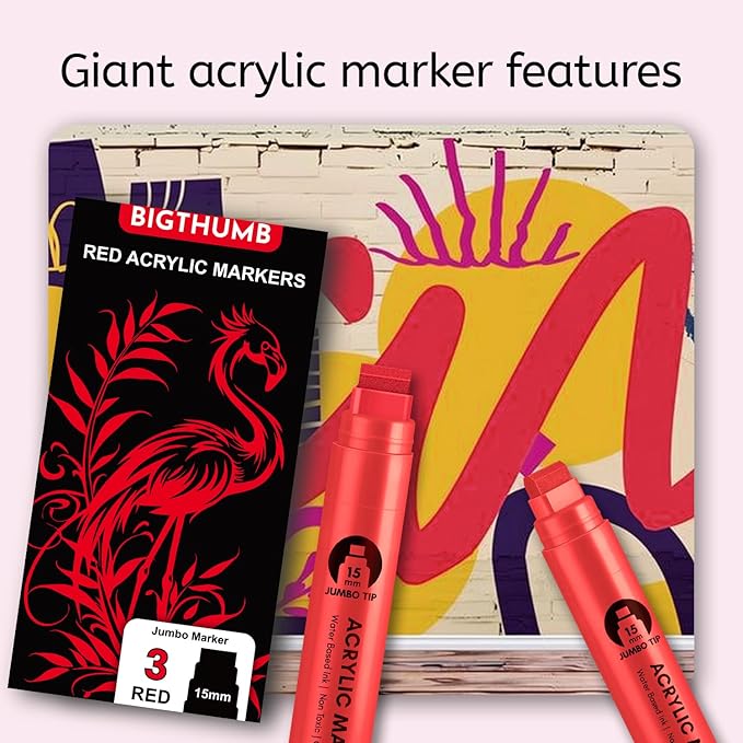 BIGTHUMB 3 Pcs Red Jumbo Permanent Markers: 15mm Wide Tip Thick Acrylic Paint Pen Large Calligraphy Marker for Rock Painting, Poster, Sign, Canvas, Glass, Wood, Ceramic