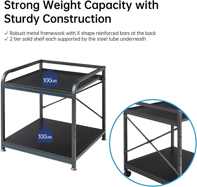 Fannova 2 Tier Under Desk Printer Stand with Storage, 20 Inches Deep Large Printer Table with Height Adjustable Shelf, Rolling Printer Cart with Wheels for Home Office - Black