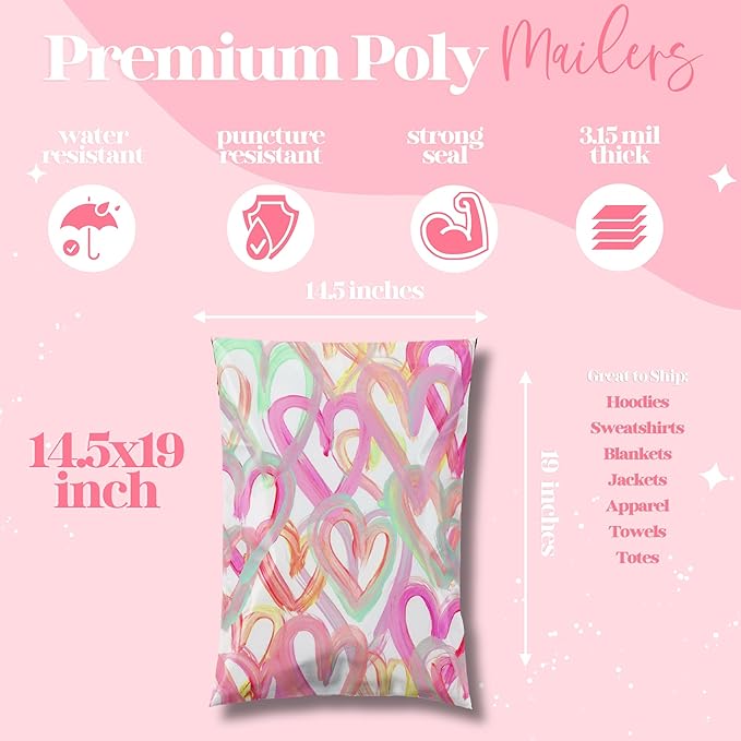 Pretty Package Store 14.5x19 Designer Poly Mailer 100 Pack Heavy Duty Waterproof Self Seal Shipping Bags for Small Business Large Mailing Envelopes Bulk Tear Resistant Cute Packaging Happy Hearts