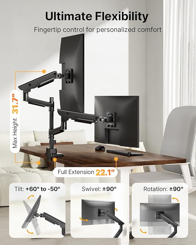 monTEK Sleek Aluminum Monitor Arm for 17–57” Ultrawide Screens up to 59.4 lbs, USB 3.0 A/C, Heavy Duty Dual Monitor Arm Desk Mount, Pneumatic Lift, Quick-Release Plate, Clamp/Grommet, Max VESA 100x100