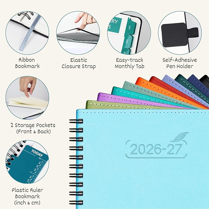 BEZEND Monthly Planner 2026-2027 (Spiral-8.5" x 11") 2 Year Calendar Book with Note Pages - Jan 26 to Dec 27-120 GSM Paper, Inner Pockets, Laminated Tabs, Vegan Leather Softcover - Sky Blue