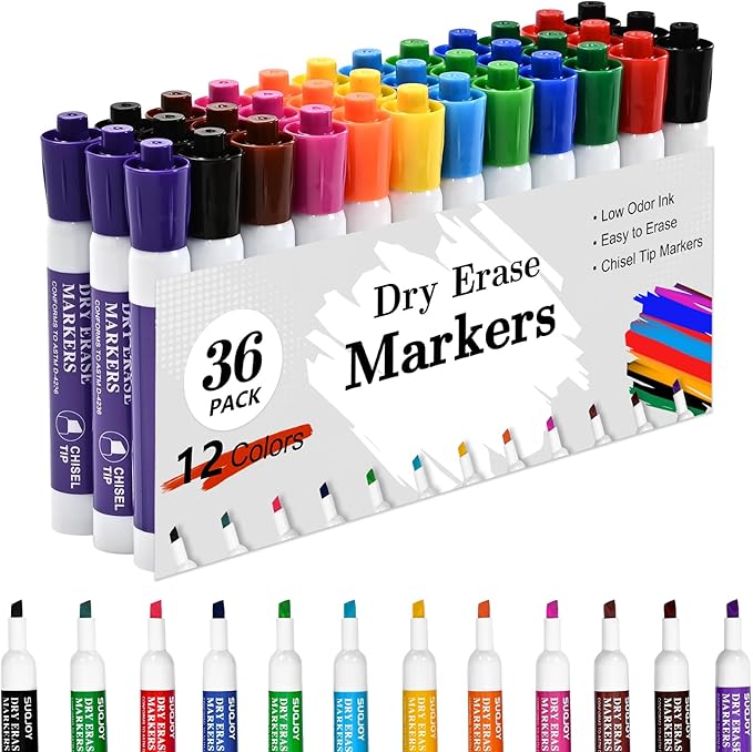 SUQJOY Dry Erase Markers, Chisel Tip Whiteboard Markers, Low Odor Dry Erase Marker, 36 Bulk 12 Assorted Color Markers for Kids/Teachers