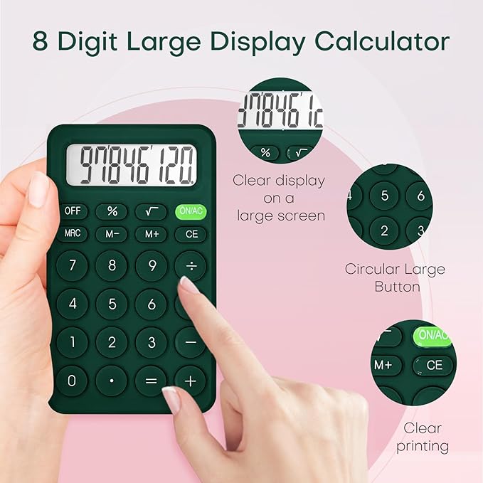 Cute Calculator, Basic Four Function for Teachers Students Basics Office, Small Handheld Calculators, 8 Digit with LCD Display, Sensitive Button, 5.5×3.2 inches Deep Green