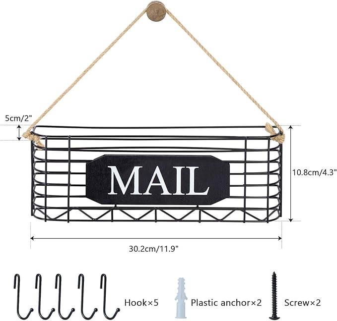 SRIWATANA Rustic Mail Key Holder, Mail Organizer Wall Mount with 5 Hooks Large, Black