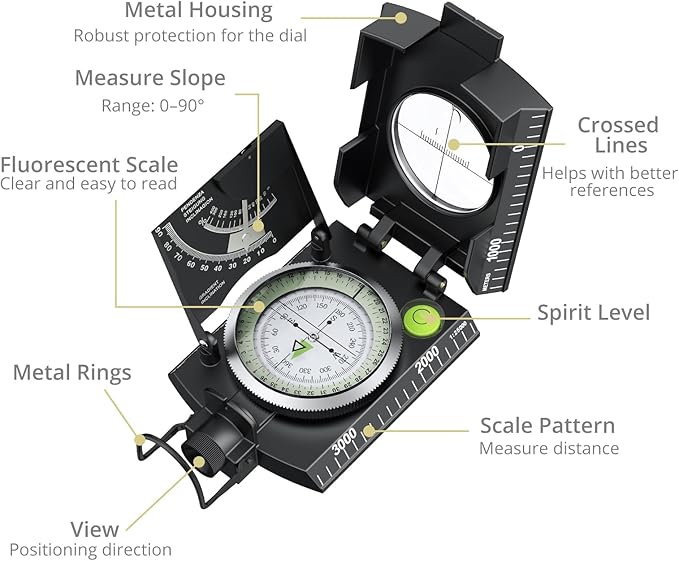 Anbte Compass Hiking Survival, IP65 Waterproof Metal Compass with Sighting Clinometer and Carry Bag, Multifunctional, Professional, for Camping Hunting Hiking Navigation