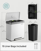 SONGMICS Kitchen Trash Can, 16 Gallon (2 x 8 Gallon) Dual Compartment Garbage Can, 60L Pedal Recycling Bin, Stays Open and Soft Close, Stainless Steel, 15 Bags Included, Cloud White ULTB202W01