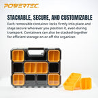 POWERTEC Small Parts Organizer & Tool Box – 20 Compartments, IP65 Water & Dust Protection, Stackable Storage with Interlocking Latch, Removable Bin, Dividers, Clear Lid, Portable Design (72366)