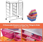 GOFLAME 15-Drawer Rolling Storage Cart, Craft Storage Cart with Removable Drawers & Lockable Wheels, Art Cart Supply Storage Organizer for Home Office Classroom, Rainbow