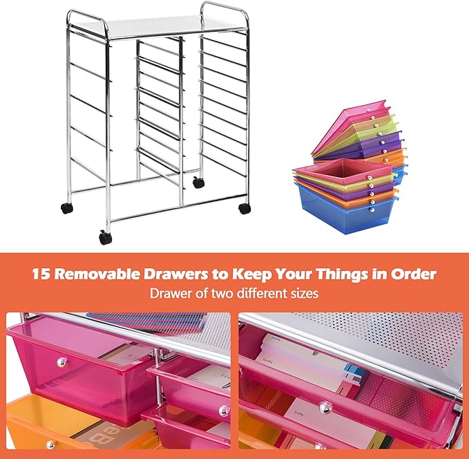 GOFLAME 15-Drawer Rolling Storage Cart, Craft Storage Cart with Removable Drawers & Lockable Wheels, Art Cart Supply Storage Organizer for Home Office Classroom, Rainbow