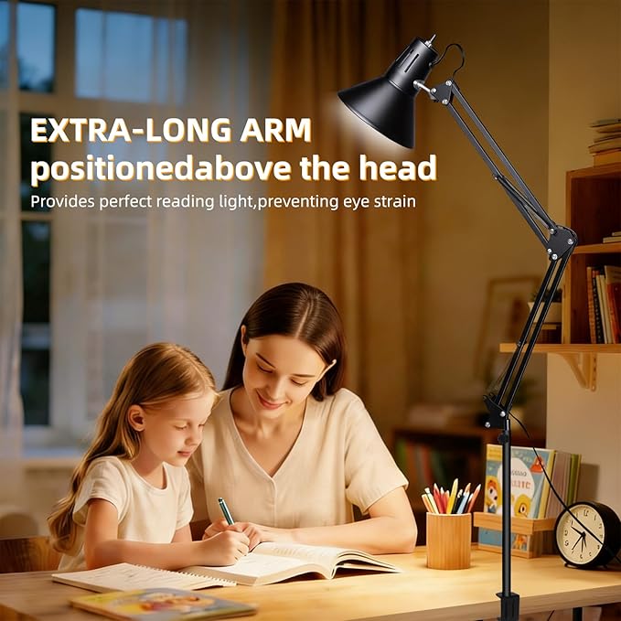 LED Desk Lamp With Clamp for Office Home, Eye-Caring Clip on Light with Adjustable Extra Tall Metal Swing Arm, High Intensity Clamp w/A19 E26 Bulb for Working Reading, 3000k Table Lamps Warm Light